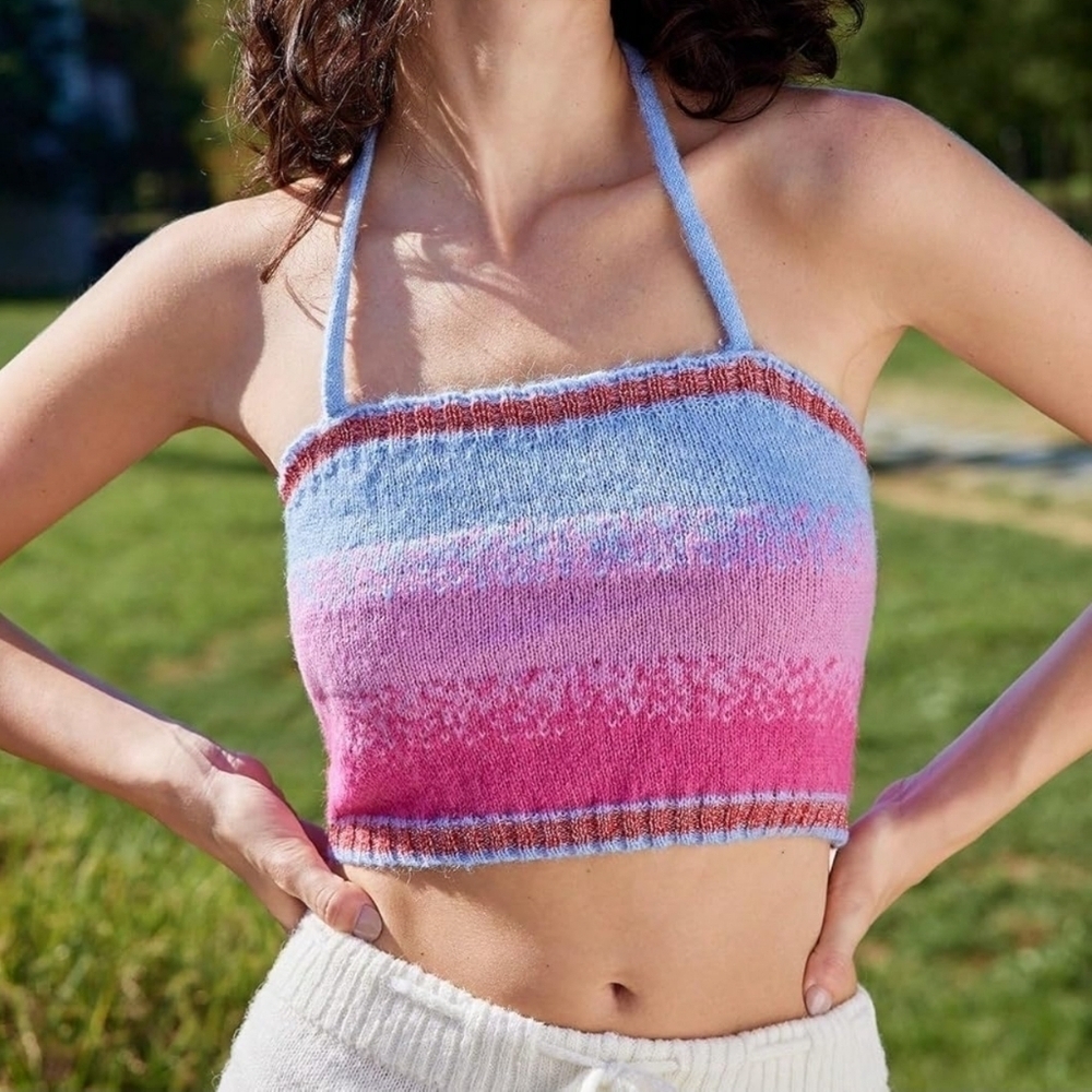 Striped Backless Halter Top Sleeveless Color Block Fitted Wool Blend Crop Top M
